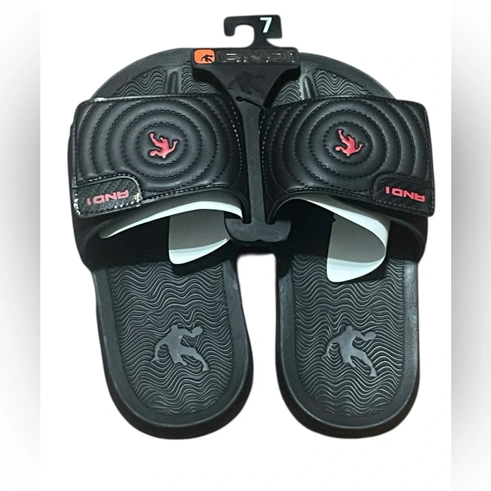 AND1 Athletic Adjustable Swirl Sandals Men’s Size 7 Black Red Comfort Slides NWT